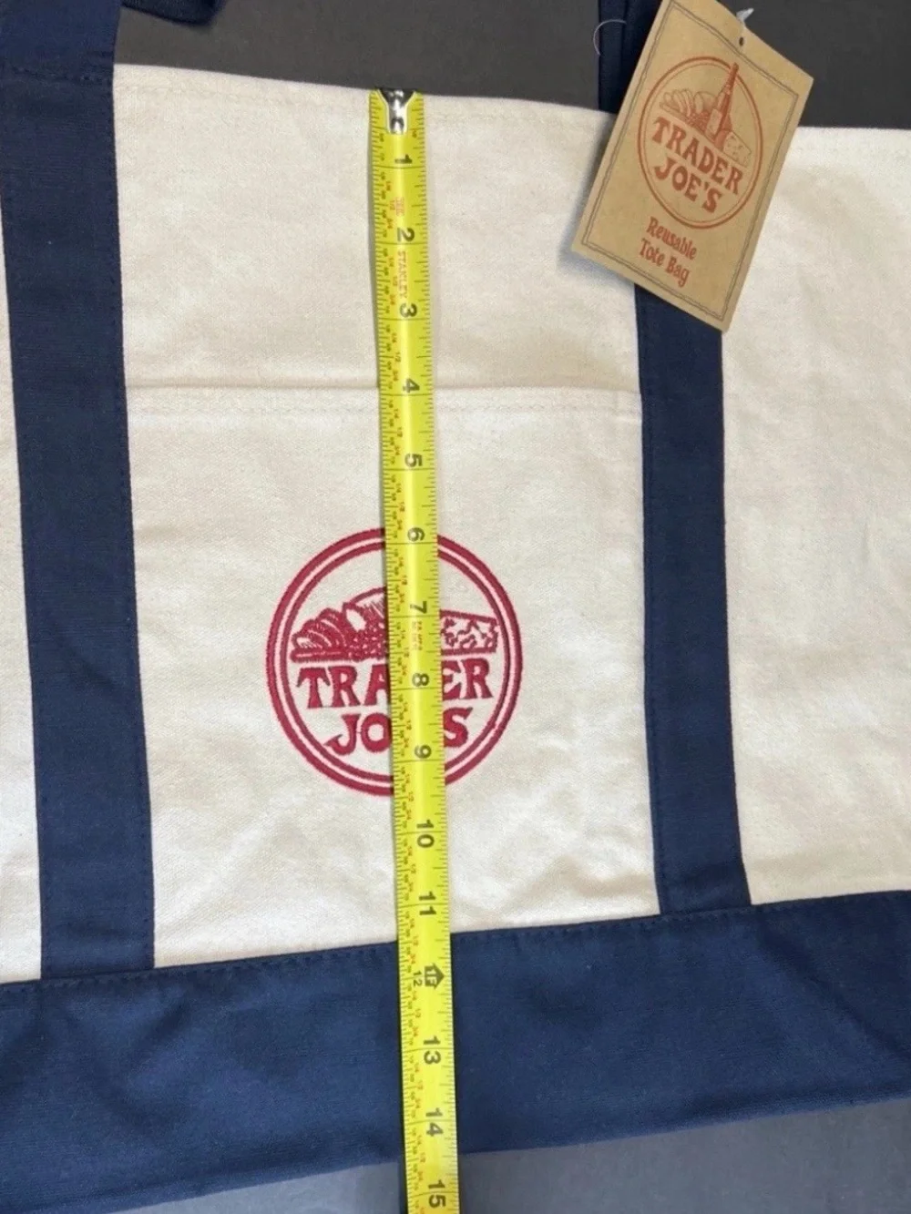 Trader Joe's Cream Canvas Tote with Navy Accents